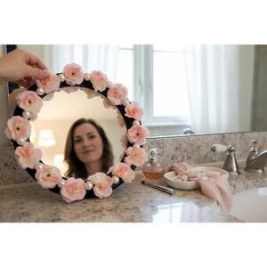 Elegant Round Mirror with Pink Floral and Pearl Accents